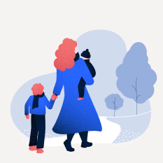 Mor og to barn går mot mørke skyer. Illustrasjon.